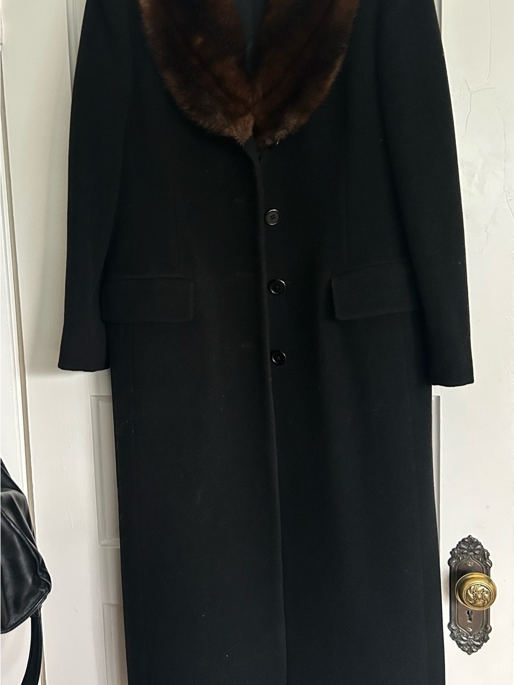 RALPH LAUREN Black Long Coat with Brown Fur Collar - Picture 2 of 7